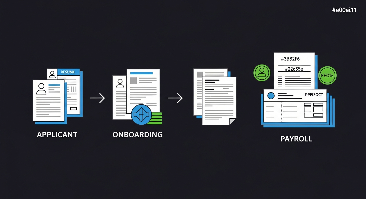 Diagram showing the applicant-to-payroll pipeline in ADP: application flows through onboarding into the payroll system, with payroll being the dominant component