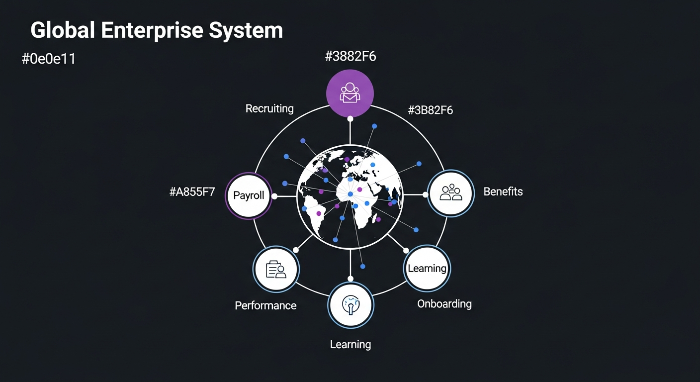 Diagram showing SAP SuccessFactors as an interconnected global system with modules for recruiting, payroll, benefits, performance, learning, and onboarding, connected to offices worldwide
