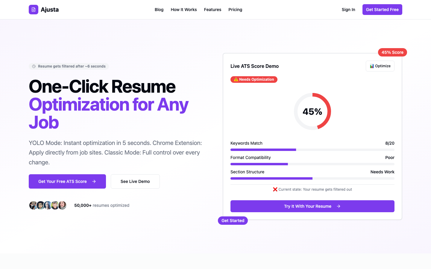 Ajusta Homepage with Start Free Button Highlighted