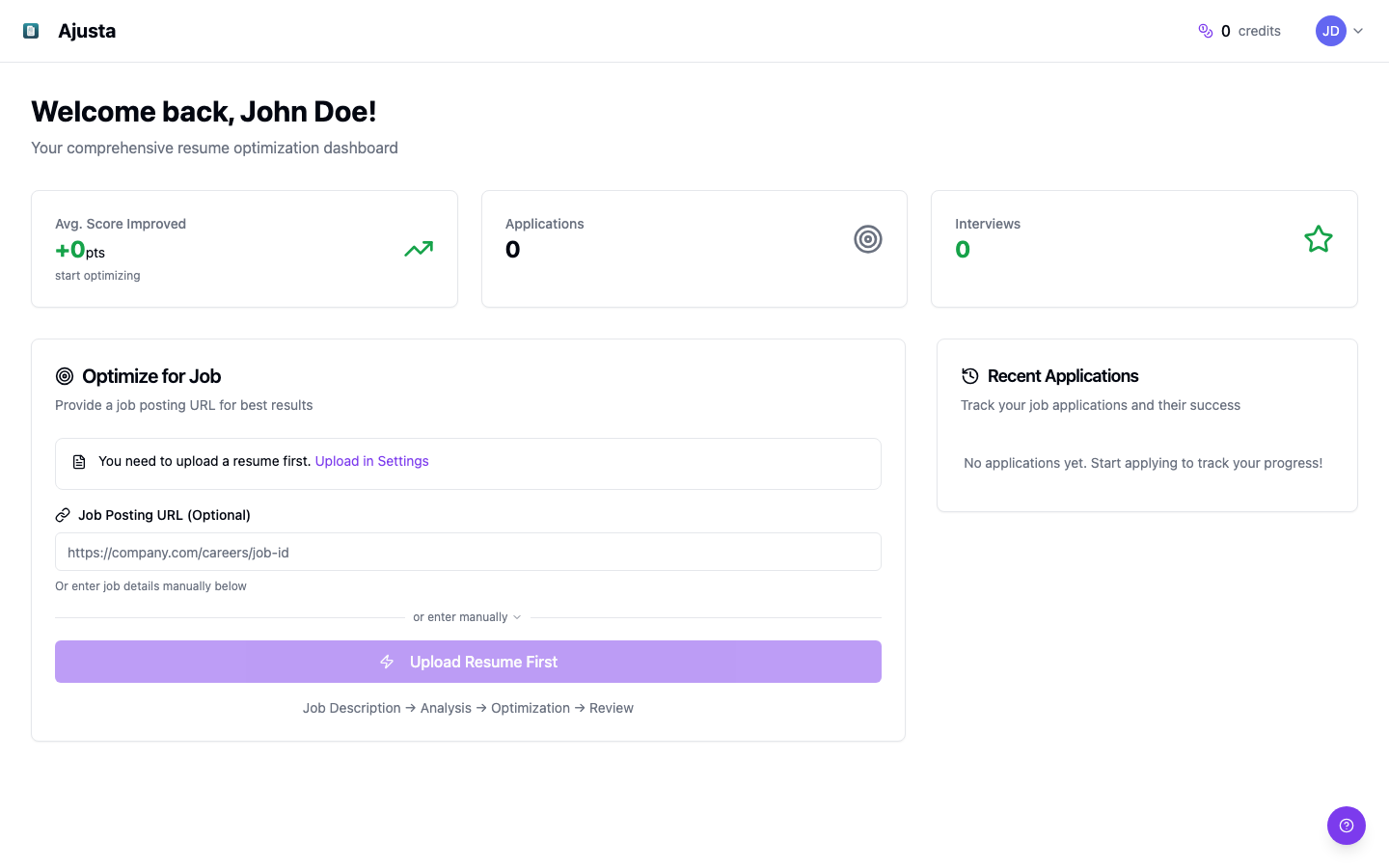 Ajusta Dashboard Showing 200 Credit Balance